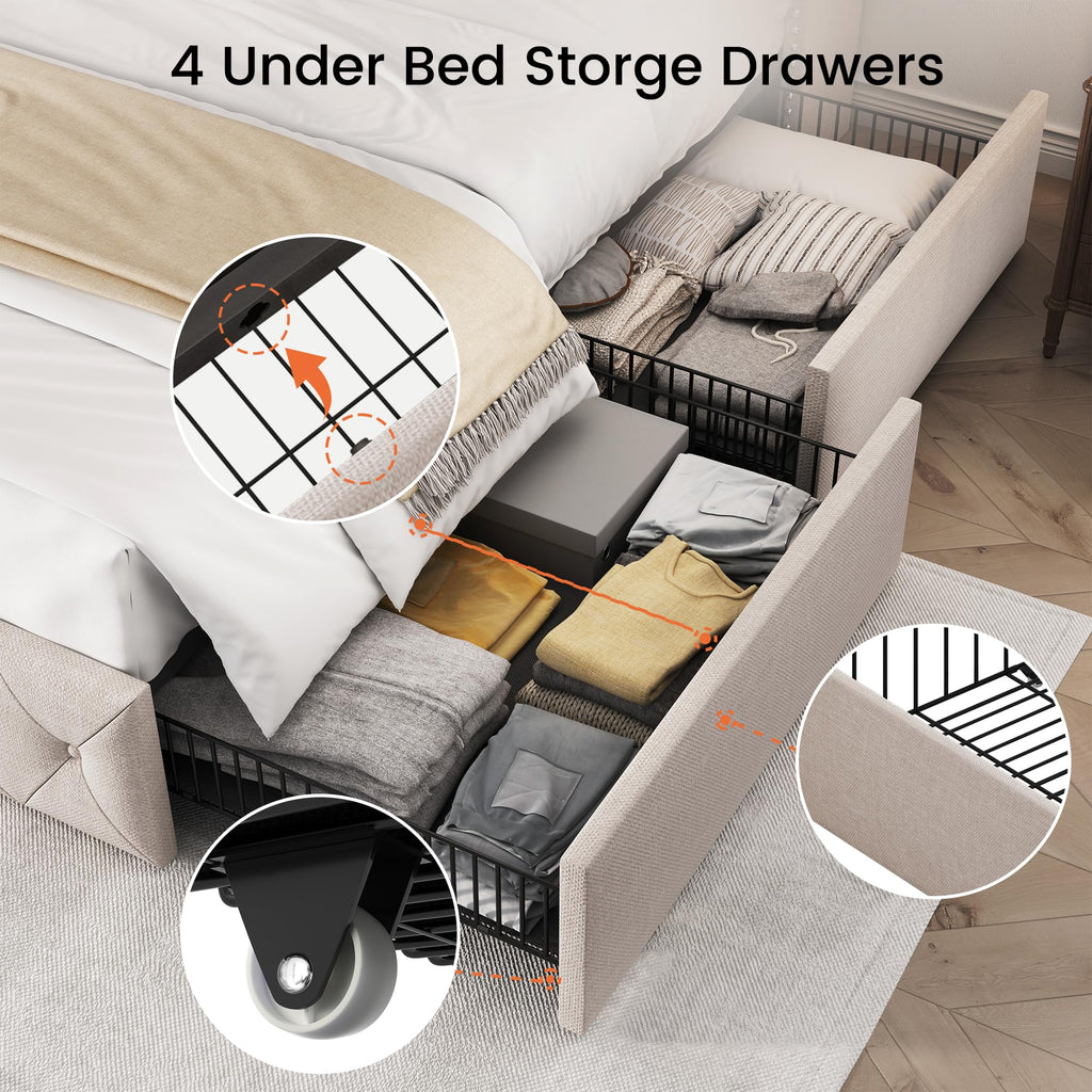 Queen Size Linen Upholstered Platform Bed Frame with 4 Storage Drawers T936289