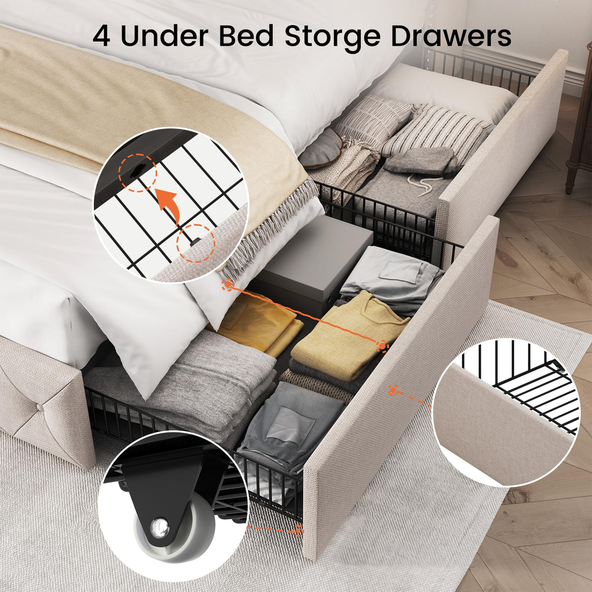 Queen Size Linen Upholstered Platform Bed Frame with 4 Storage Drawers T936289