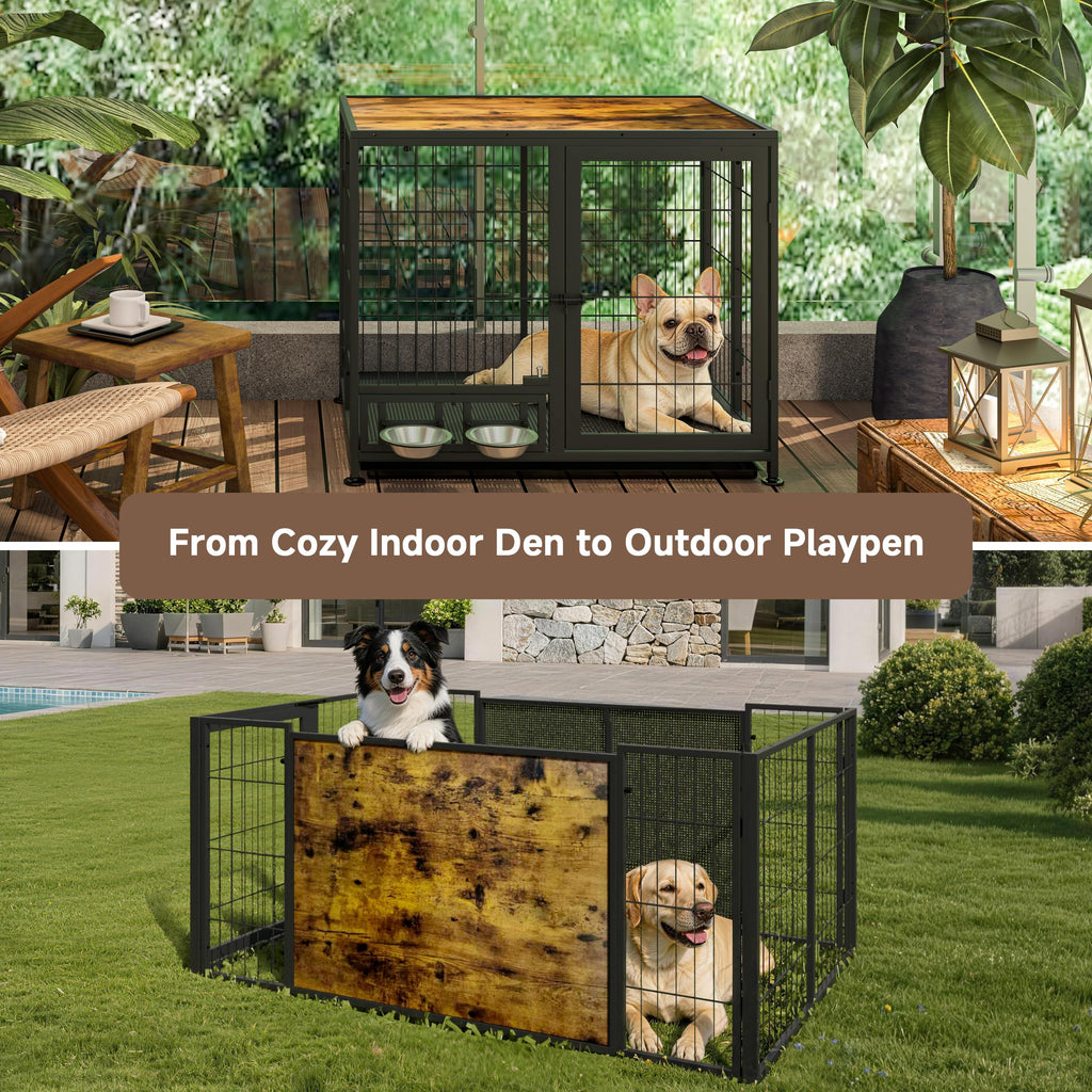 Heavy Duty Foldable Dog Crate with Wheels & Feeding Bowls I349