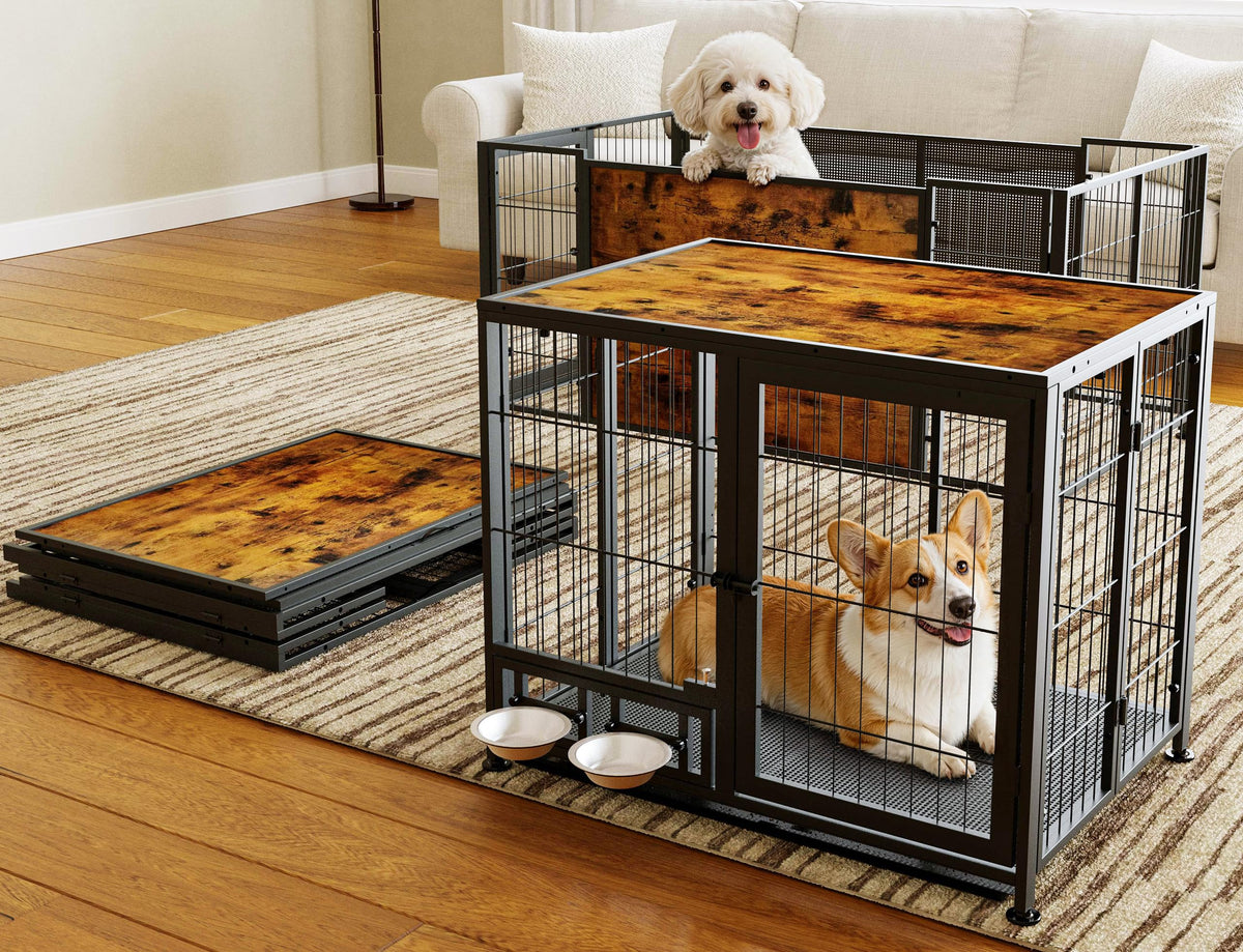Heavy Duty Foldable Dog Crate with Wheels & Feeding Bowls I349