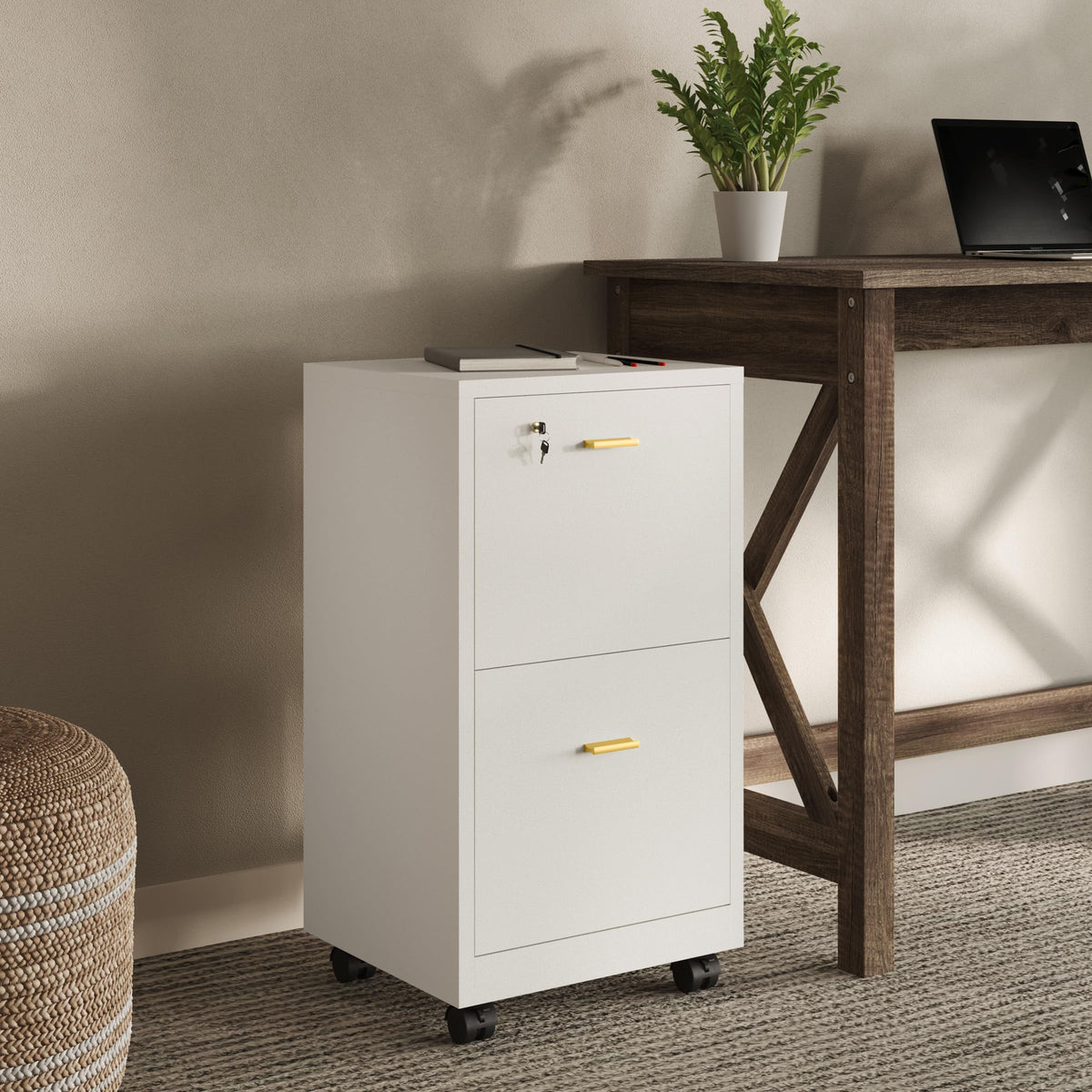 White 2 Drawer Wooden File Cabinet with Lock J940