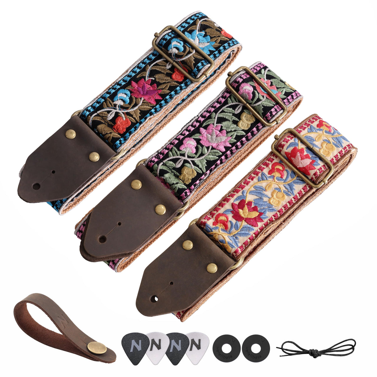 Jacquard Embroidery Cotton Guitar Strap with Leather Ends Q170