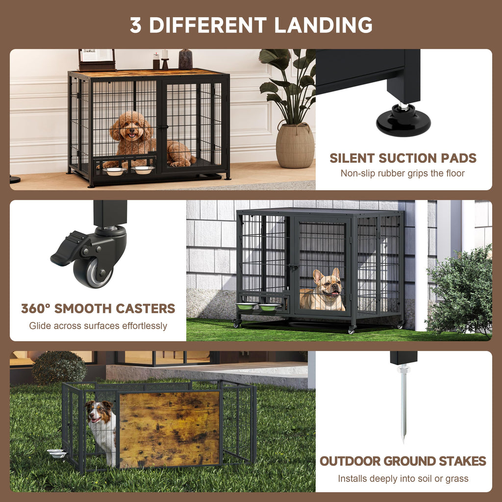 Heavy Duty Foldable Dog Crate with Wheels & Feeding Bowls I349