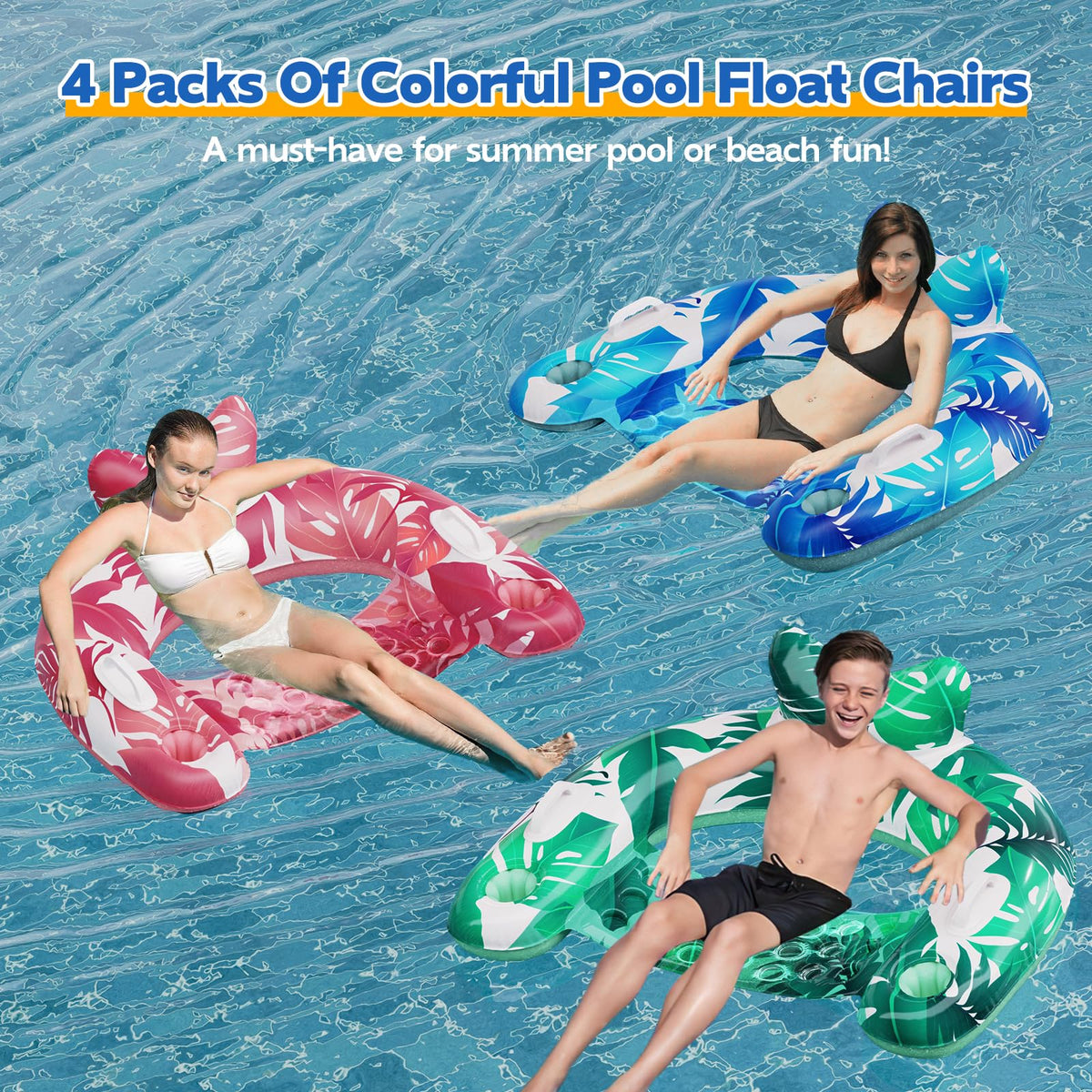 Inflatable Pool Float Chairs with Cupholders & Handles, 3 Pack Y69130