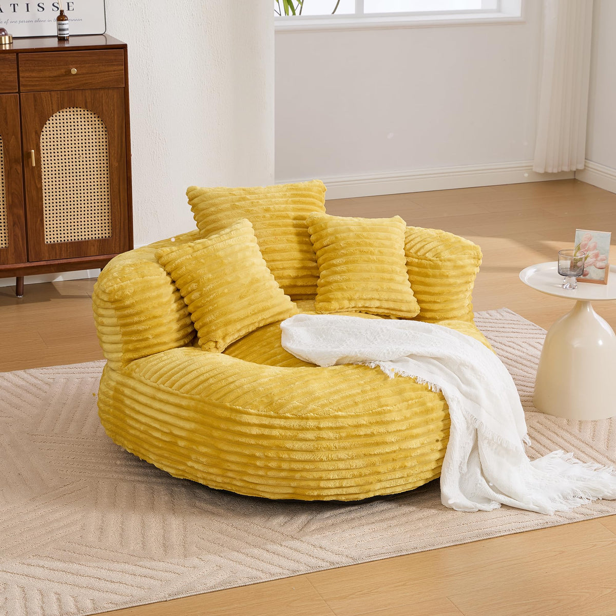 Oversized Memory Foam Bean Bag Chair with Pillows and Backrest, Mustard Yellow N643