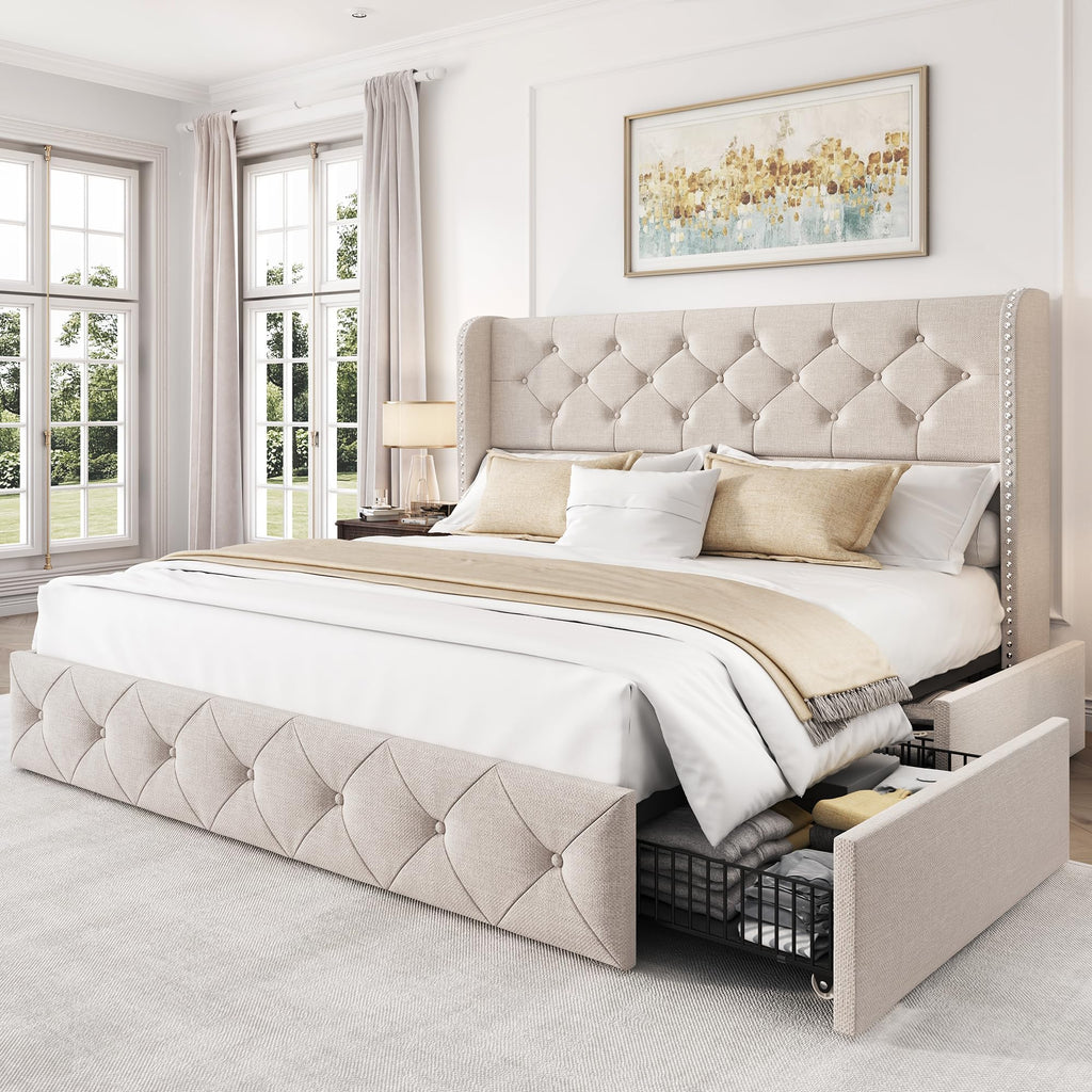 Queen Size Linen Upholstered Platform Bed Frame with 4 Storage Drawers T936289